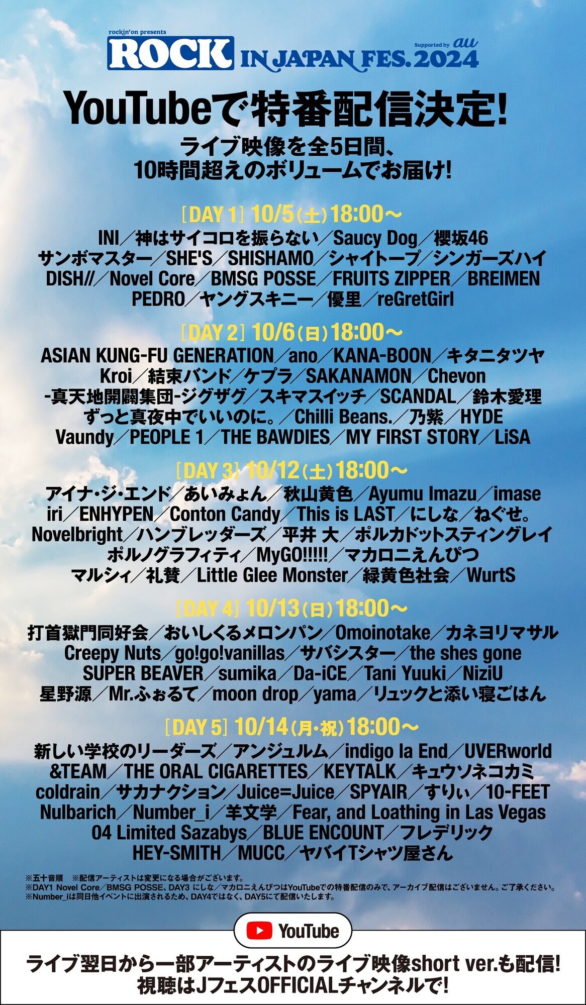 「ROCK IN JAPAN FESTIVAL 2024」YouTube JフェスOFFICIALチャンネルでライブ特番配信！ 10.14(月･祝) 18:00〜